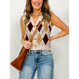 Argyle Pattern Button Down Knit Cardigan Vest