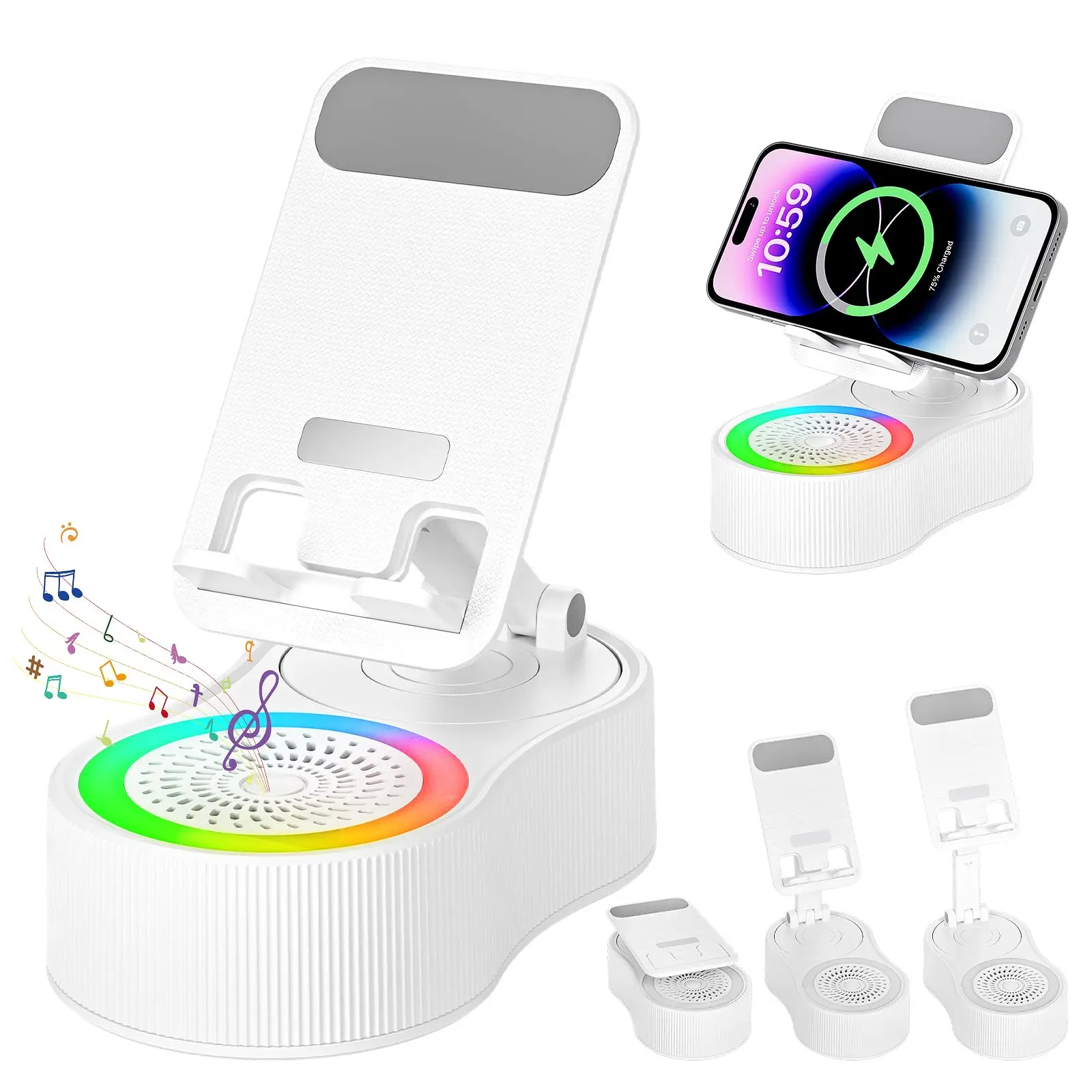 Bluetooth Speaker with HD Sound | 5-in-1 Multi-Function Phone Holder | 4000mAh Emergency Charging & Colorful Lights | Wireless for Tablet/iPhone/Android | For Room, Desk & Bathroom