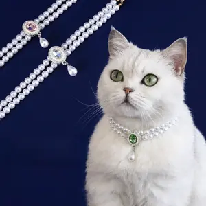 2026 Double-layer Pearl Pet Necklace Puppy Luxury Colored Gemstone Pendant Princess Collar Necklace