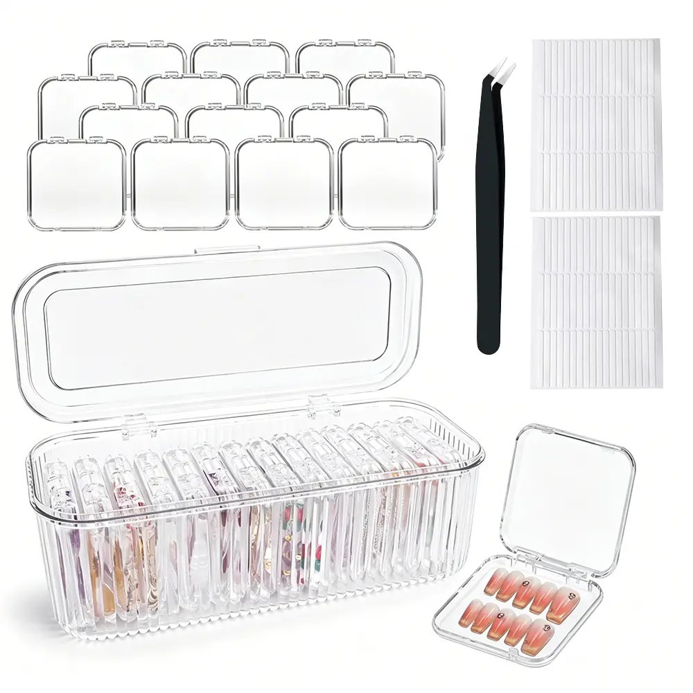 18 piece transparent acrylic nail art storage box set, suitable for storing and displaying wearable nails, suitable for nail technicians and DIY enthusiasts