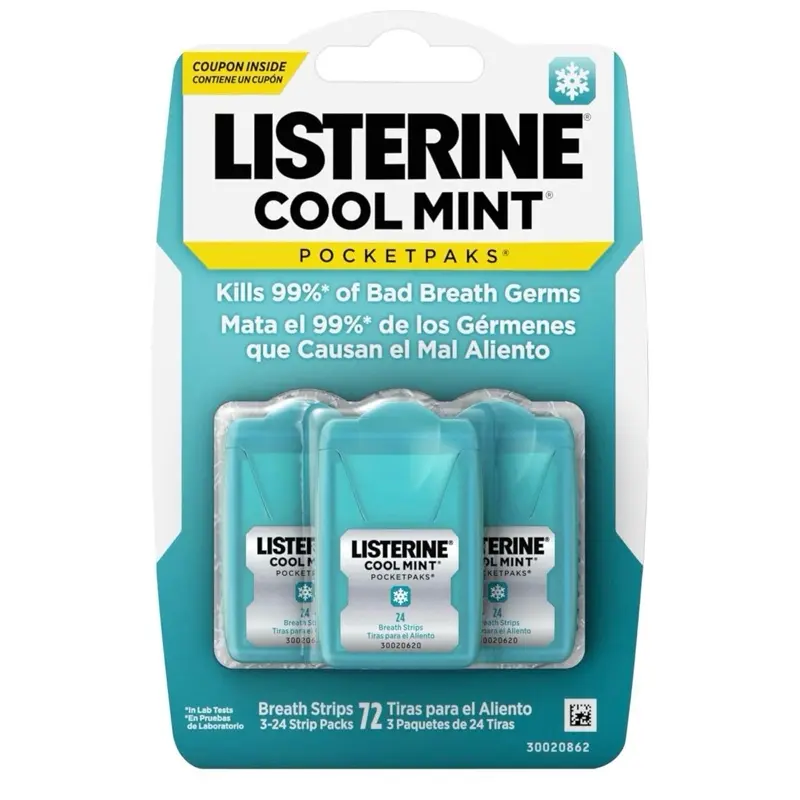 LISTERINE PocketPaks Cool Mint Breath Strips, Sugar-Free Oral Care for Bad Breath, Convenient Value Pack, 72 Strips (3 Packs of 24), On-The-Go, Menthol, Antibacterial, Youth, Mouth Care, Multi-Pack