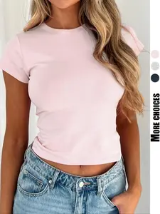 Women's Plain Round Neck Crop Tee, Casual Minimalist Slim-fitting Short Sleeve T-shirt, Ladies Summer Clothes for Daily Wear, Casual Fashionable Top, Top, Womenswear