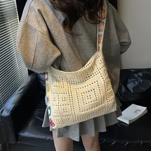 New Bohemian Vintage Knitted Color Block Hollow Out Shoulder Bag for Women, Open Design, Washable, Sturdy Fabric, Casual Fashion Bag for All Occasions