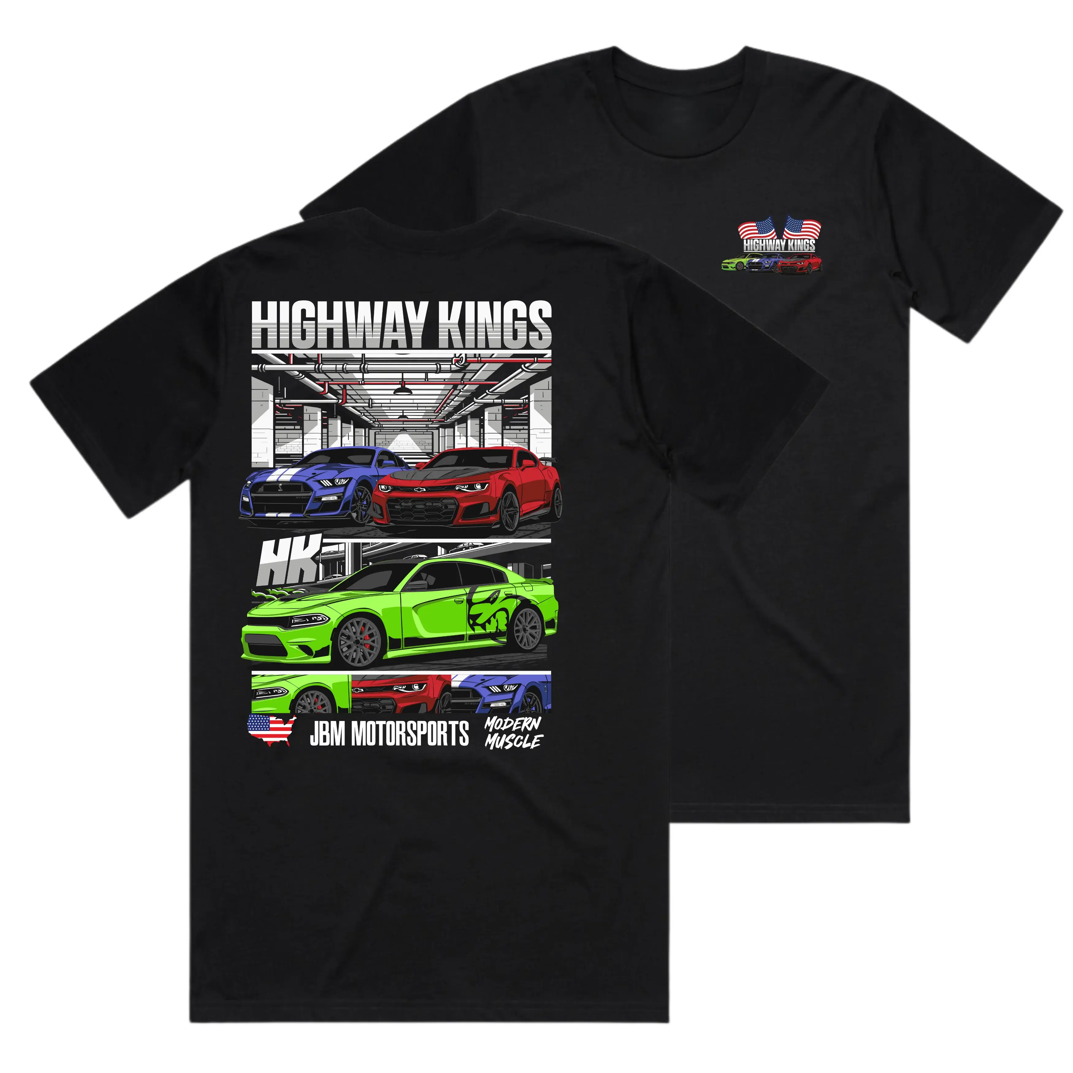 Highway Kings Muscle Car Graphic Shirt - Ford Mustang, Chevy Camaro, Dodge Charger SRT Hellcat T-Shirt Sweatshirt Hoodie 2 Sided