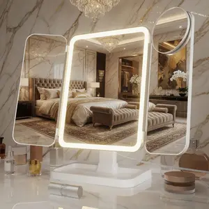 Portable LED Light Makeup Mirror, Vanity Mirror with Lights, 3-fold Foldable Rechargeable Mirror with 2x 3x & 10x Magnification, Touch Control Mirror for Travel & Bedroom Use, Rechargeable Trifold Mirror