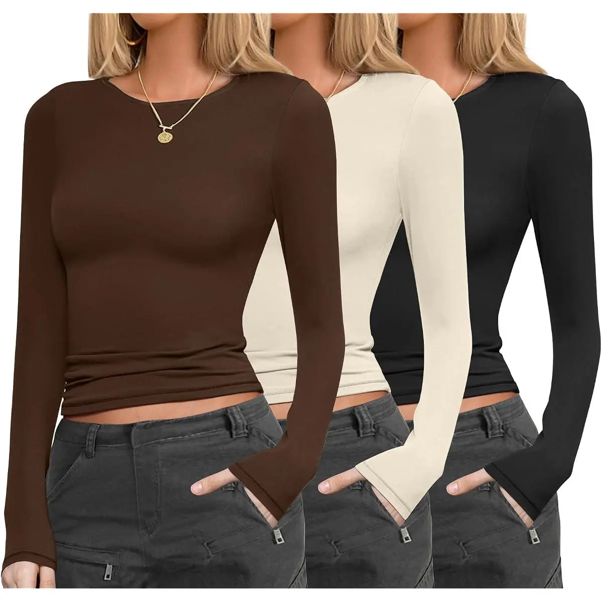 Womens 3 Pack Long Sleeve Shirts Fitted Tops Underscrub Undershirt