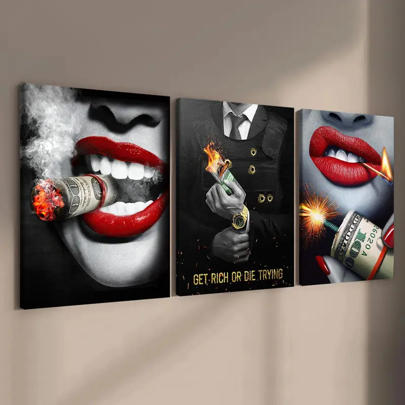 Wooden Framed Canvas Painting, 3 Counts/set Get Rich Or Die Trying Themed Money Wall Art Canvas Poster, Picture Image Prints, Canvas Wall Artwork, Modern Art Wall Decorations Dopamine Decor Above Bed Wall Decor for Home Office Dining Room Coffee Shop