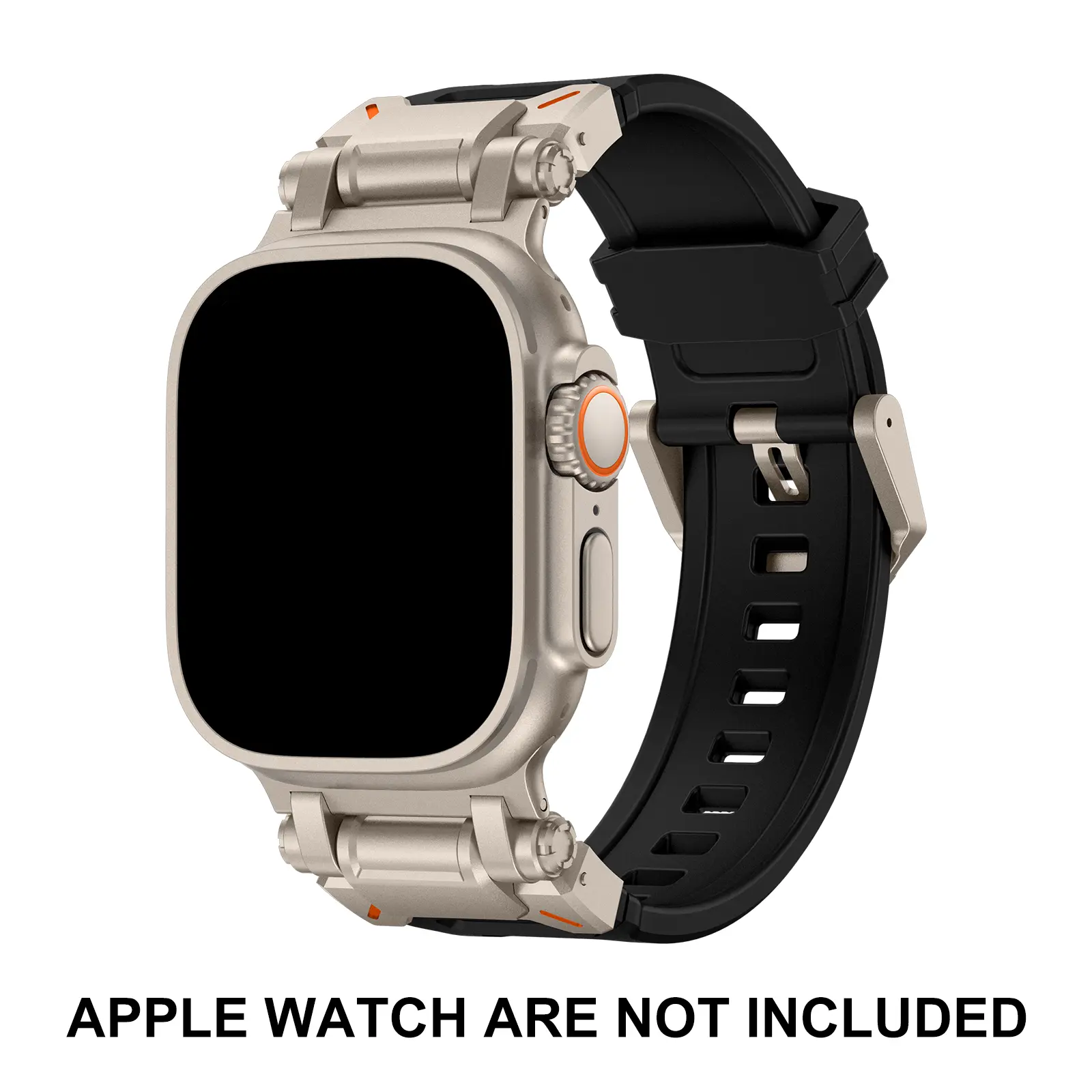 A Set of Mecha-Style Watch Band suitable for Apple Watch Silicone strap with Titanium-colored Stainless steel connector outdoor sports Compatible with Apple Watch Ultra 2/1 (49mm) Series 9/8/7 (45mm), S6/5/4/SE (44mm), S3/2/1 (42mm) the Larger size