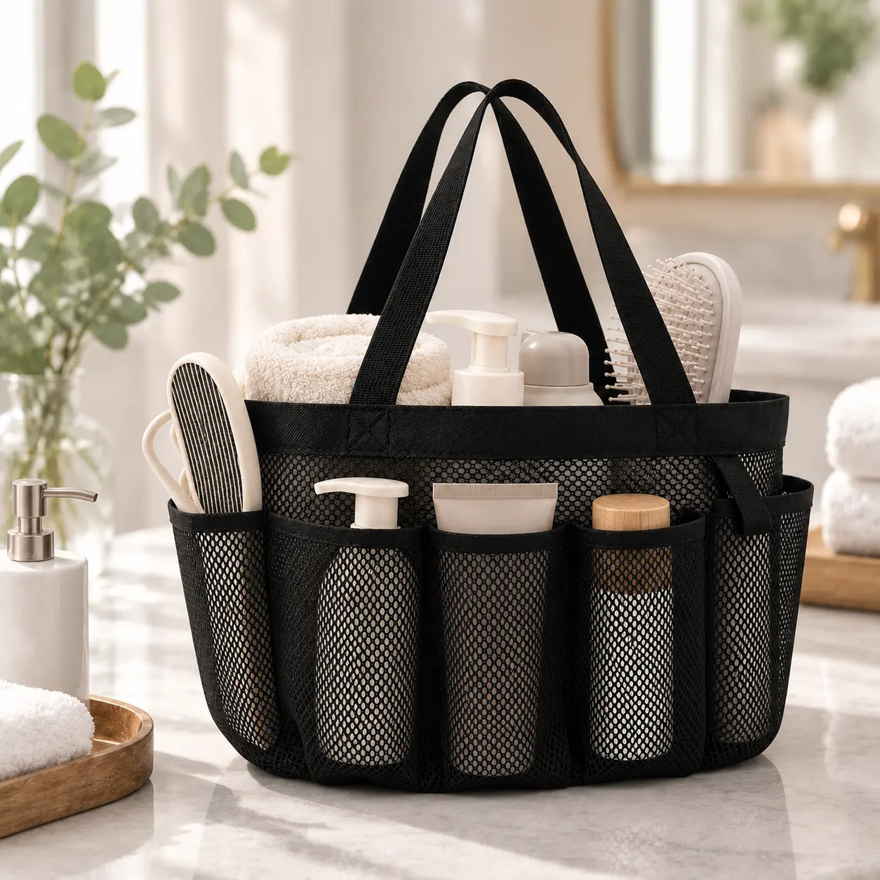 Portable Mesh Fabric Hanging Shower Caddy Organizer Storage - Foldable, Large Capacity Black Bathroom Gadget, College Students' Dorm Essential for Bathroom & Camping Use
