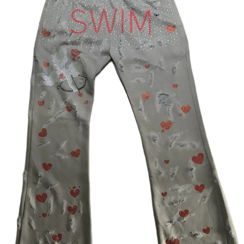 SWIM – Rhinestone Cupid Stacked Sweatpants (Grey / Red Hearts Edition)