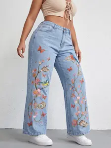 Jeanius Women's High Waist Wide Leg Denim Jeans, Medium Stretch Light Wash, Cherry Blossom, Bird & Butterfly Embroidery, Sweet Casual Daily Semi Baggy Jeans