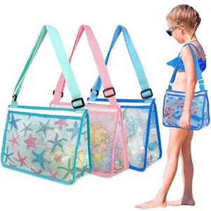 Kids Beach Toys Mesh Bag, Zippered Seashell Collector Tote, Portable Swimming Gear Organizer, Picnic Grocery Shopping Carryall for Boys Girls Water Play Accessories