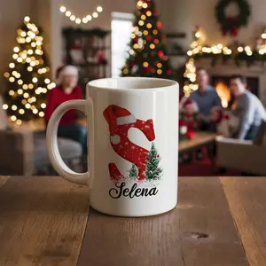 Christmas Initial Mug Personalized Name Selena Ceramic Coffee Cup Customizable Gift for Her