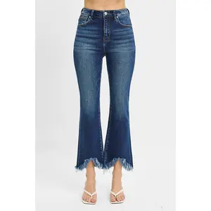 RISEN Full Size High Rise Denim Bootcut Fray Hem Dark Jeans