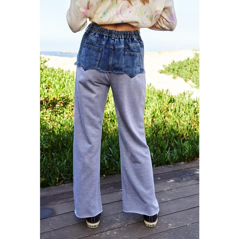 Davi & Dani Raw Hem Denim Patchwork Wide Leg Pants