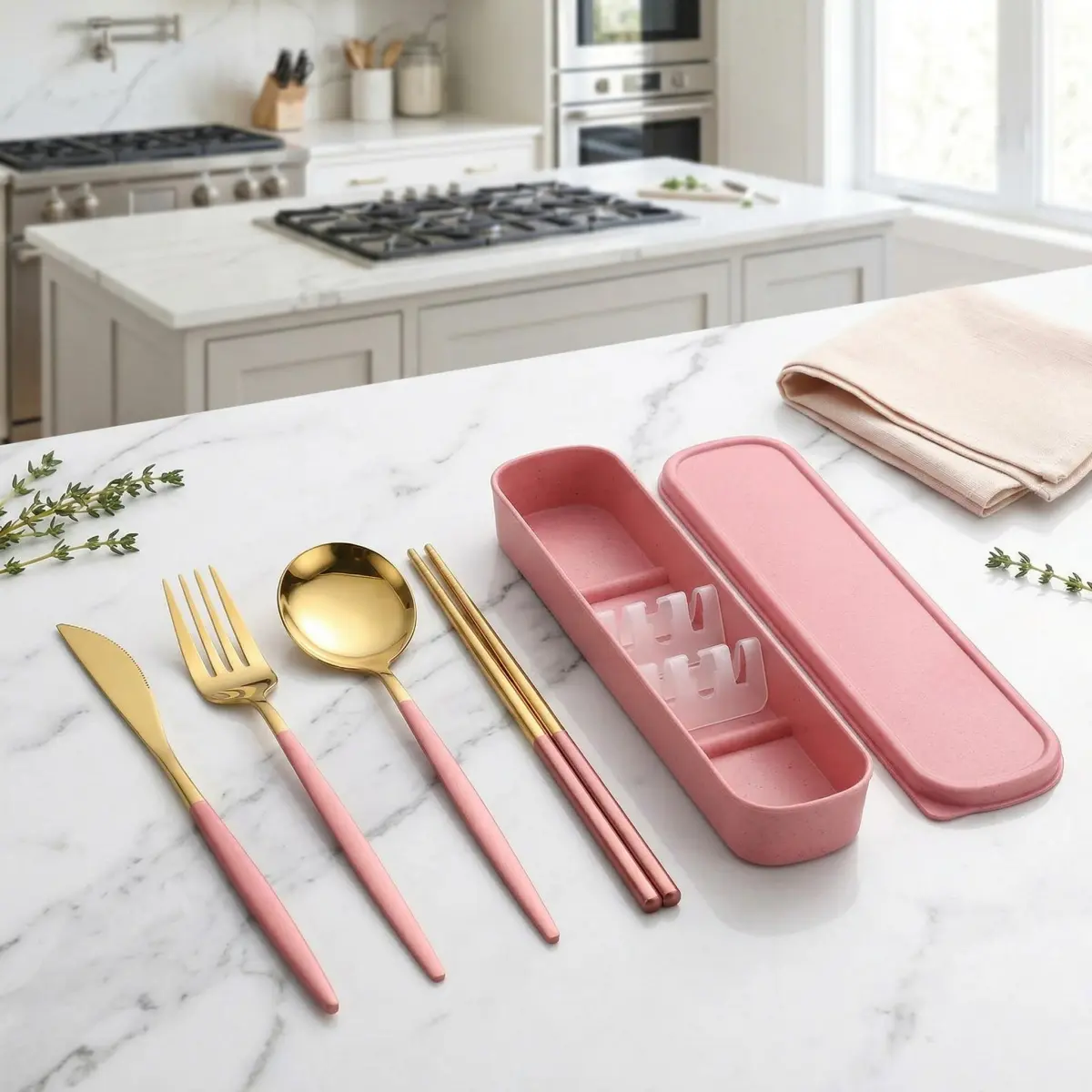 Stainless Steel Cutlery Set with Storage Box, 4 Counts Portable Reusable Utensils Set for Home Office School Camping Travel, Household Tableware for Daily Use, Gold Cutlery Set,UU