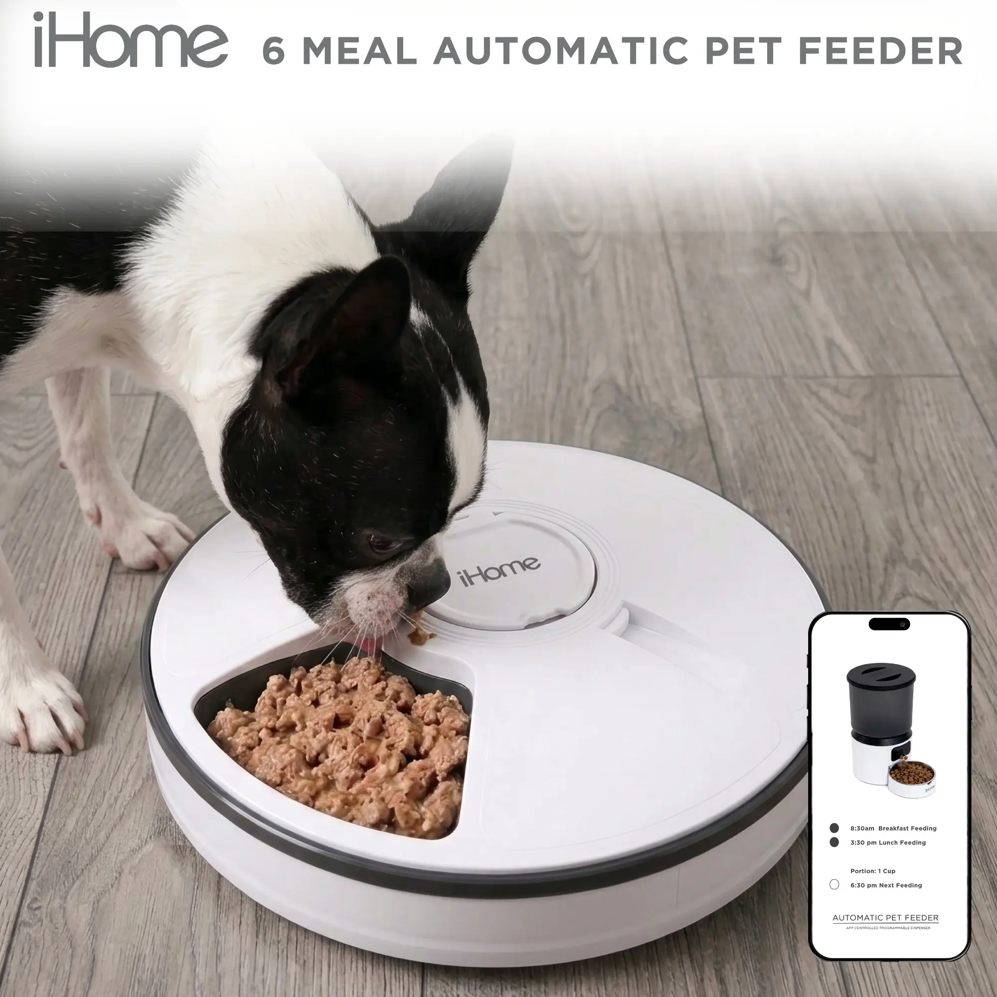 iHome Smart Automatic Pet Feeder, WiFi-Enabled, 6-Meal Schedule, Flexible Diet, Built-In LCD Screen, USB-C Charging, for Wet & Dry Food