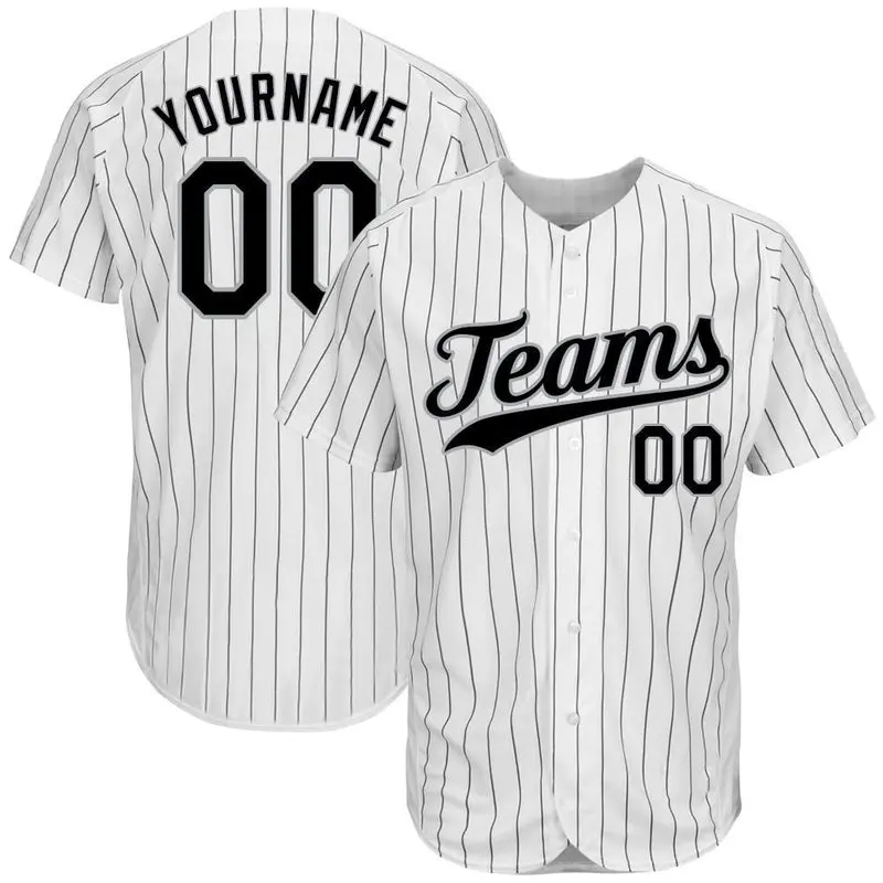 Custom White & Black Pinstripe Baseball Jersey – Black & Gray Accent Authentic Button Down for Men, Personalized Classic Streetwear or Game Day Outfit