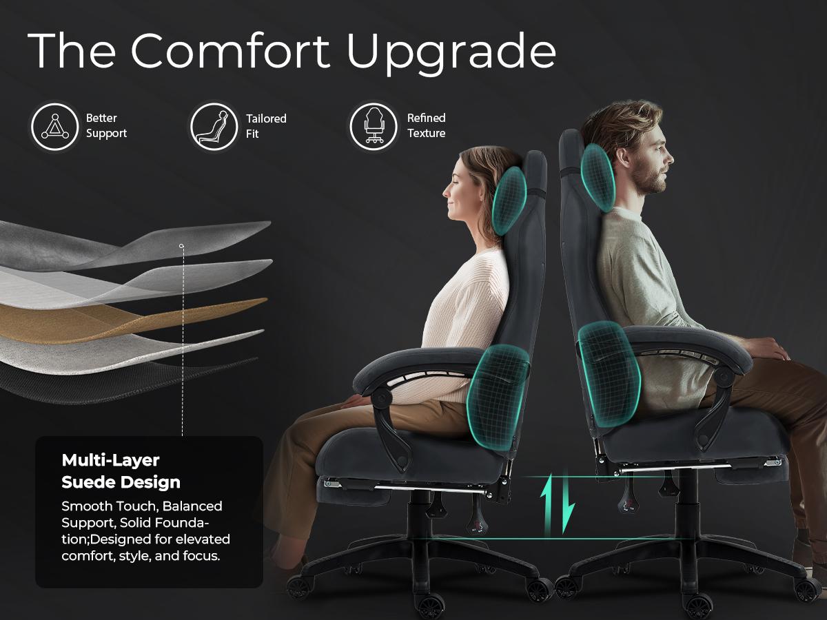 Dowinx Big and Tall Gaming Chair, Suede Fabric Game Chair with Pocket Spring Cushion, High Back Gamer Chair Ergonomic with Footrest for Adults Office, 440LBS