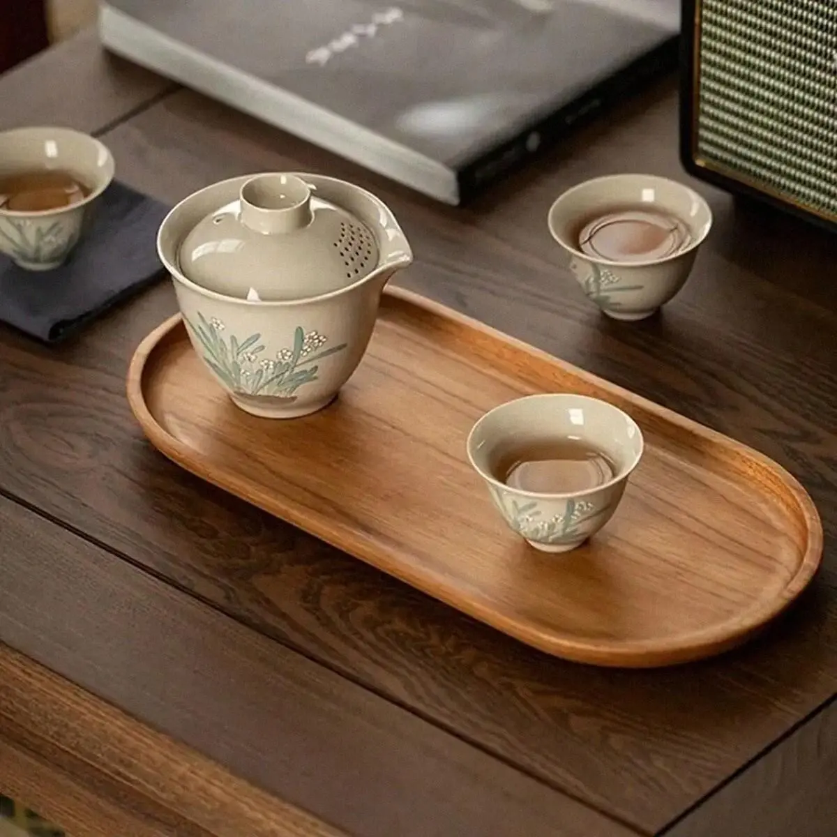 1pc Teak Tray, Wooden Breakfast Tray, Coffee Tray, Bathroom Tray, Tea Tray, Rectangular Tray with Groove Handle, Kitchen Storage Tray, Teak Material, Durability