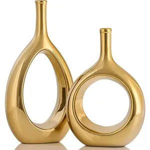 Gold Vase Glossy Ceramic Vase Set of 2,Gold Vases for Home Decor,Gold Vases for Centerpieces,Gold Room Decor,for Office Decor Housewarming Gift Living Room Dining Table,Gold Vases for Flowers
