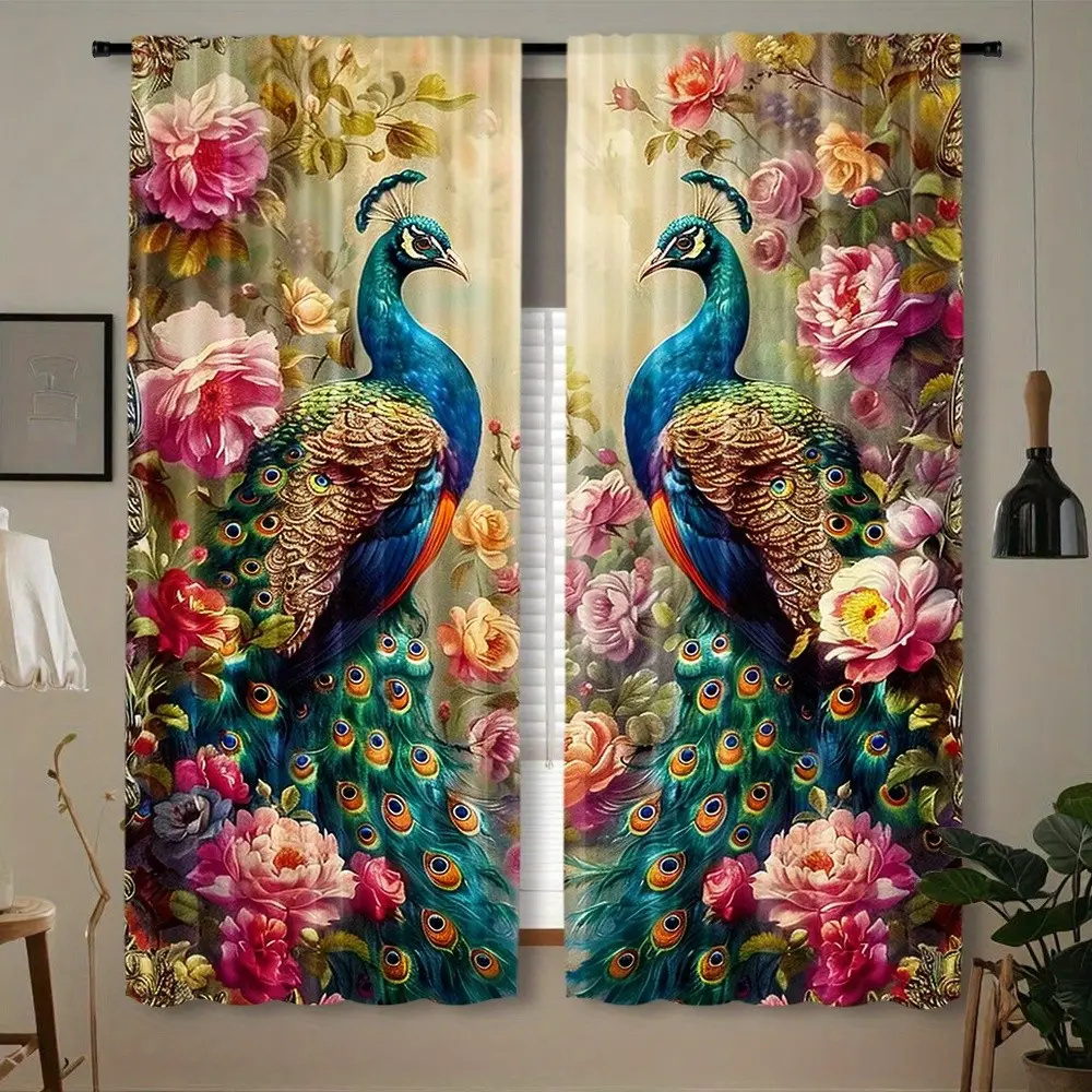 2-Piece Retro Peacock Floral Curtain Set, Digital Print Polyester Fabric, Rod Pocket Design, Suitable for Living Room, Bedroom, Office