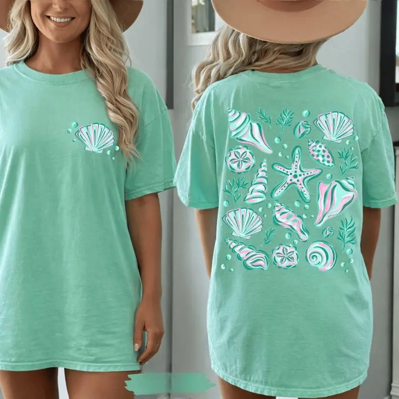 (Sale Off Up To 50%) Summer Seashells Comfort Colors Shirt | Front And Back Coastal Beach Shell Tee Tshirt | Vacation Summer Tee Shirt, Full Color, For Men, For Women, Casual, Classic Fashion, Tee Print
