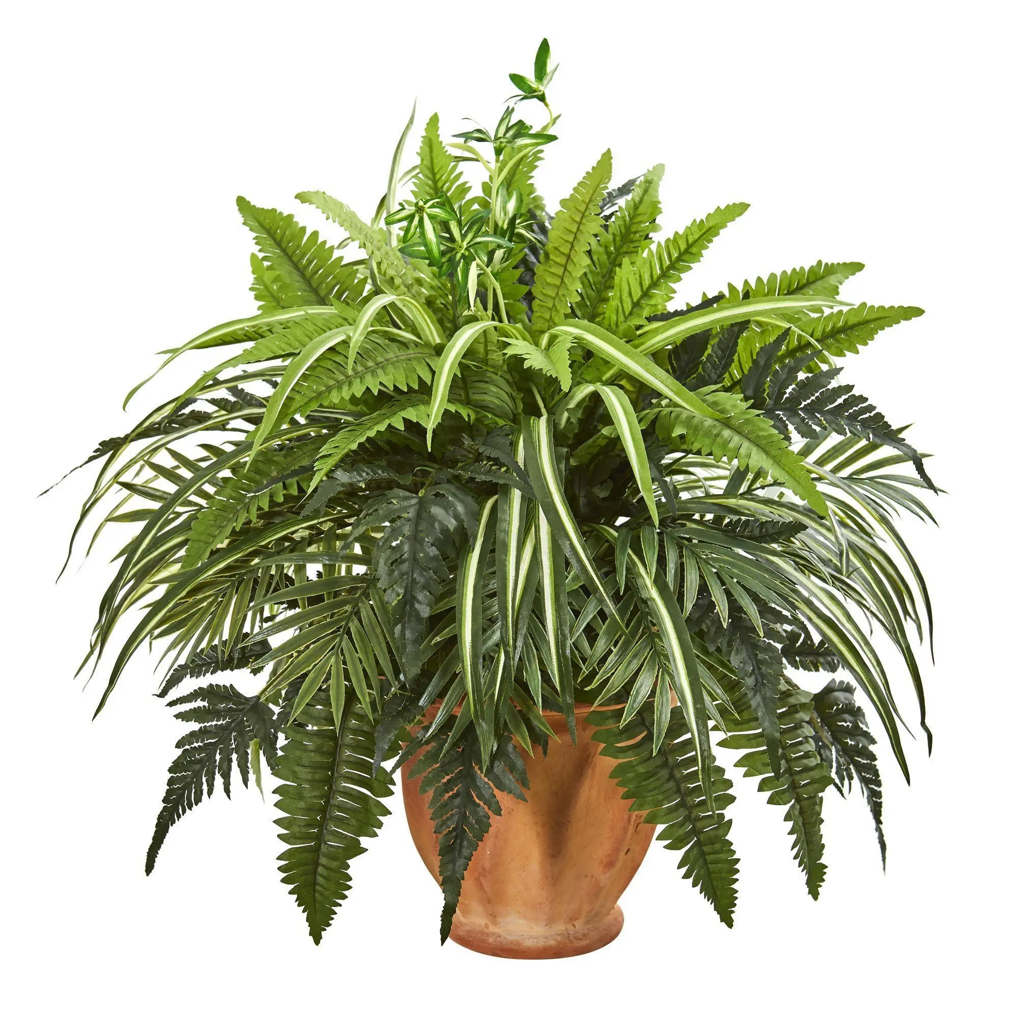 23” Artificial Mixed Greens and Fern Plant in Terra Cotta Planter, Home Decor Centerpiece for Dining Room & Tabletop Display