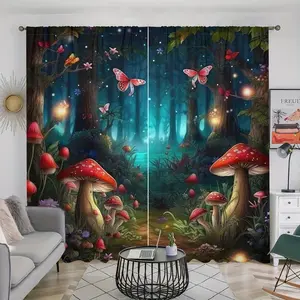 Mysterious Forest & Butterfly Mushroom Print Curtain, Romantic Semi Blackout Door Curtain, Home Decor for Bedroom, Living Room, Kitchen, Study, Bathroom, Home Decoration Curtain