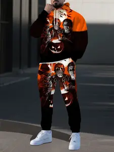 Trendy Skull Cartoon Full-Print Sports Set, Long Sleeve Hoodie + Casual Pants 2 Piece Set, All Seasons Fitted Style