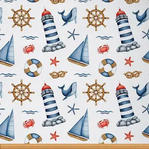 Nautical Fabric by The Yard,Watercolor Ocean Lighthouse Sailboat Underwater Animal Theme Upholstery Fabric,Print Decorative Waterproof Fabric,5 Yards