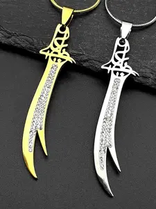 Islamic Imam Ali Zulfiqar Sword Rhinestones Pendant Necklace for Women Men Stainless Steel Gold Color Arabic Chain Gift