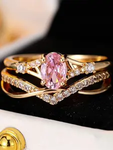 Elegant pink zirconia oval stone rings set, 2 pieces, for women, vintage, golden color, engagement rings, wedding jewelry set, versatile gifts, Stackable engagement ring