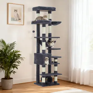 74" Tall Cat Tree Tower | Perfect for Large Indoor Cats | Heavy Duty Cat Condo with 11 Scratching Posts, Sturdy Hammock, Spacious Top Perch & Toy Balls | Modern Cat Furniture, Dark Gray