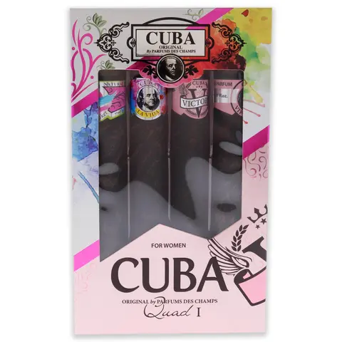 Cuba Quad I by Cuba for Women - 4 Pc Gift Set 1.17oz Cuba Heartbreak EDP Spray, 1.17oz Cuba La Vida EDP Spray, 1.17oz Cuba Victory EDP Spray, 1.17oz Cuba VIP EDP Spray Perfume Fragrance