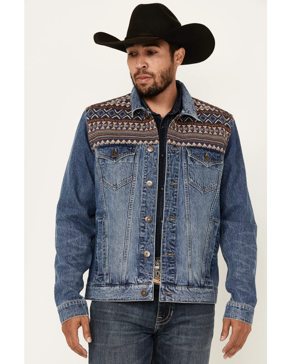 Cody James Men's Men'S Gaucho Southwestern Print Yoke Stretch Denim Jacket - Cjsu24o1-Dkw