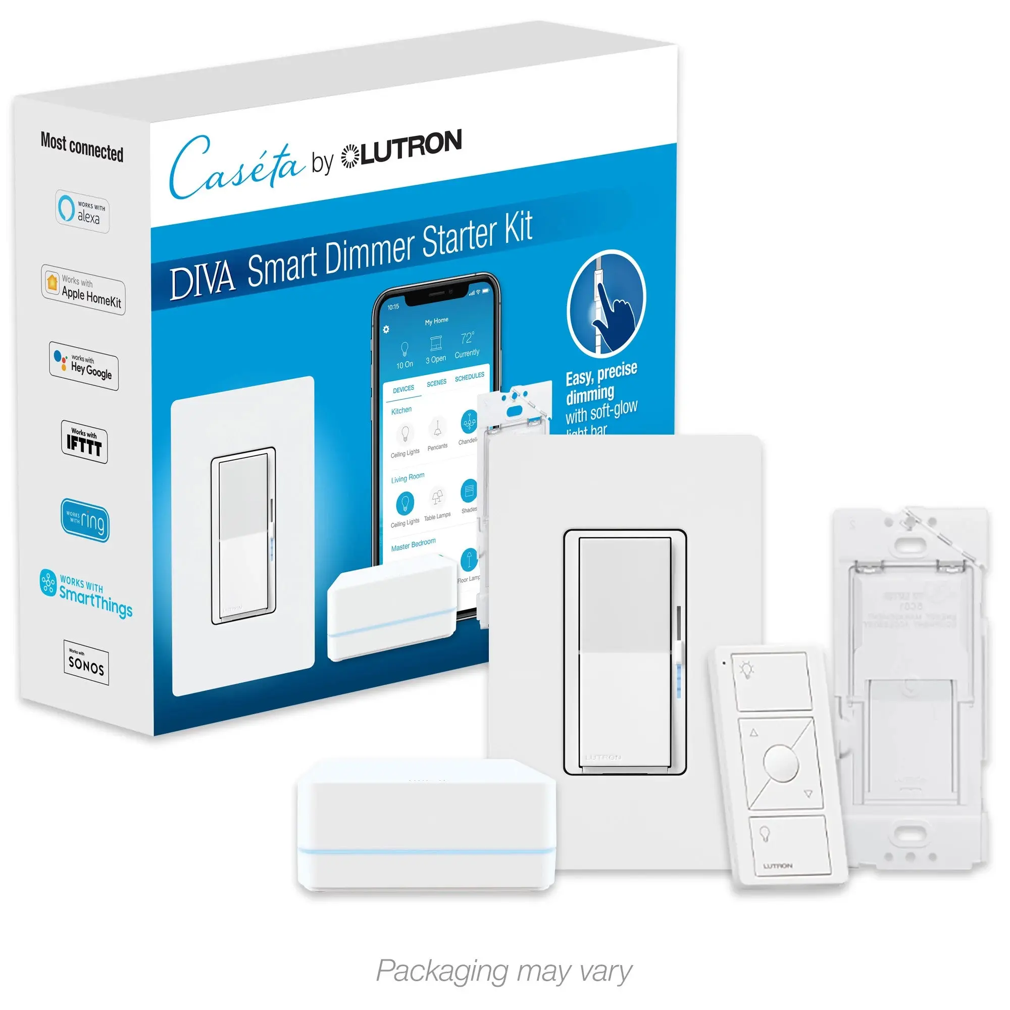 Lutron Diva Smart Dimmer Switch Kit, 150W LED/600W Incandescent, Caseta, DVRF-BDG-1D