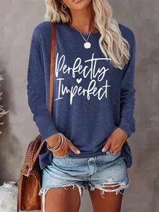Women's Letter Print Round Neck Tee, Casual Long Sleeve Crew Neck T-Shirt for Fall & Winter, Women's Top for Daily Wear