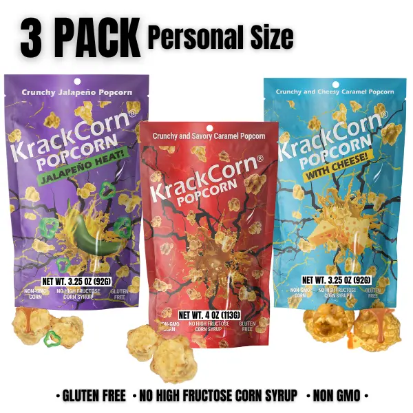 KrackCorn Popcorn Mixed Trial 3-Pack! Three Delicious Flavors. Original Crunchy Caramel. Savory Cheddar Cheese. Spicy Jalapeno Heat. Gluten Free. Non-GMO.