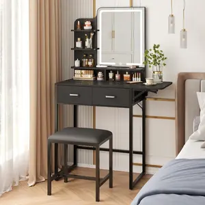 Makeup Vanity Desk With LED Mirror Lights, Compact Dressing Table With Fabric Drawer Foldable Panel & Power Outlet, Includes Stool Shelves Bedroom Furniture, White Black