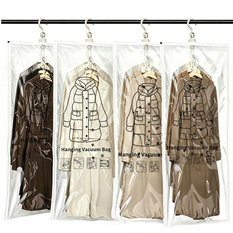 4 Pack Hanging Vacuum Storage Bags for Clothes, Long Clear Garment Vacuum Seal Bags with 4 Sealing Clips for Coats, Suits, Dresses and Jackets