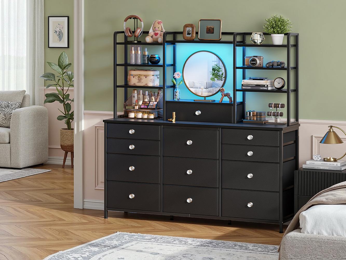 Raybee 12 Drawer LED Dresser for Bedroom, Stylish Fabric Chest with Open Shelves & Crystal Handles, Space-Saving Vanity Storage Organizer, Multi-Functional Furniture with Metal Frame & Wooden Shelf for Entryway, Closet, Living Room, Apartment, Dorm