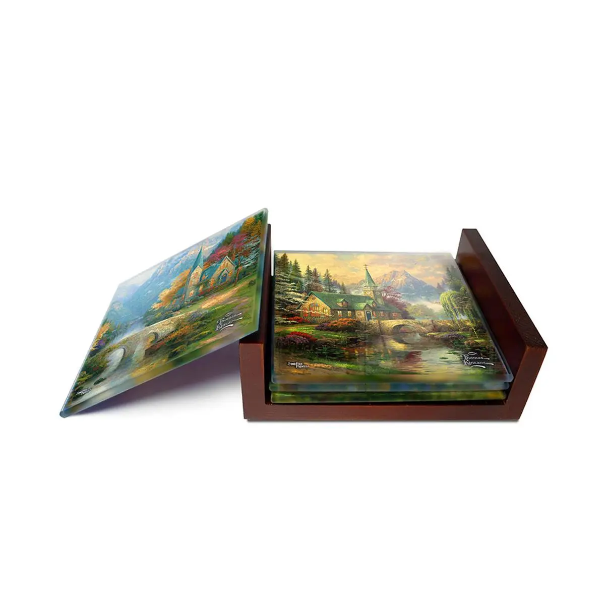 Trend Setters Thomas Kinkade Artistic Print Chapel Motifs High-Quality Glass Coaster Set, Translucent StarFire Glass Tableware for Kitchen, Table Decor, Dining Table Decor Use, Serene Scenes