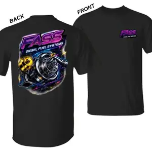 FASS Diesel Fuel Systems Chrome Turbocharger Graphic T-Shirt Neon Racing Performance Tee for Car Enthusiasts Streetwear Turbo Boost Outfit