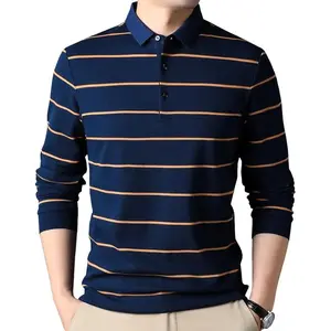 Mens Casual Cotton Striped Slim Fit Long Sleeve Collared T Shirt Polo Shirts