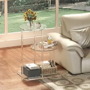 Transparent Acrylic Three-Tier Round Table with Base, Modern Staircase Bedside Table, Tea Table, Sofa Table & Plant Stand, Space-Saving Furniture for Living Room Bedroom Entryway