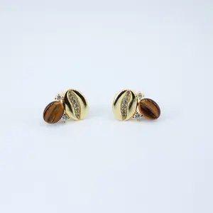 Honger 18K Gold Coffee Bean Earrings with Tiger Eye Stone and Rhinestones for women