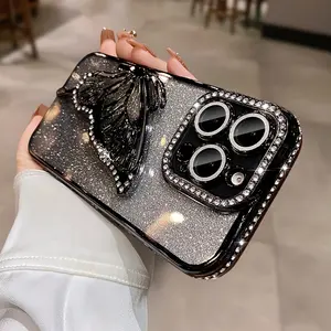 For iPhone 16 Pro Max Electroplated quicksand butterfly bracket mobile phone case Apple 11 12 13 14 15 16 Plus anti-fall Protective soft case with lens film 17Pro Cover
