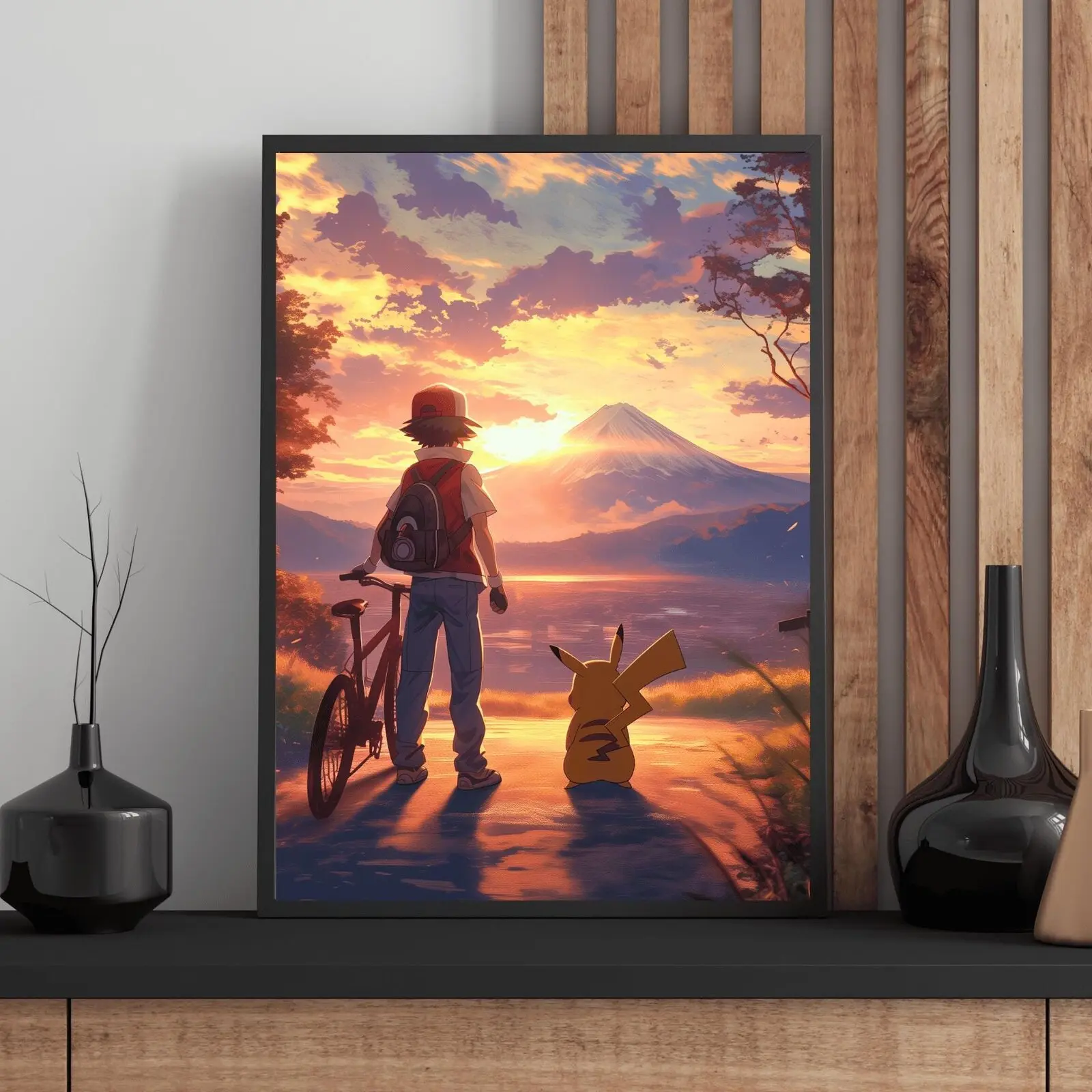 Ash & Pikachu Poster, Anime Art, Bedroom Wall Decor, Unframed Artwork Wooden Wall Art Illustrations