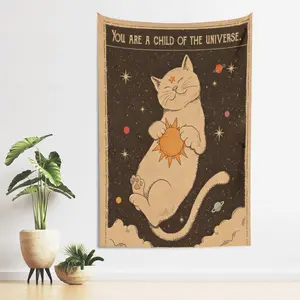 Boho Cat Tarot Tapestry - Light, Boho Chic Artwork Print Decorative Accents Wall Hanging with "You Are A Child Of The Universe" Quote for Aesthetic Room Decor, Boho Chic Tapestries, Artwork Print Tapestries